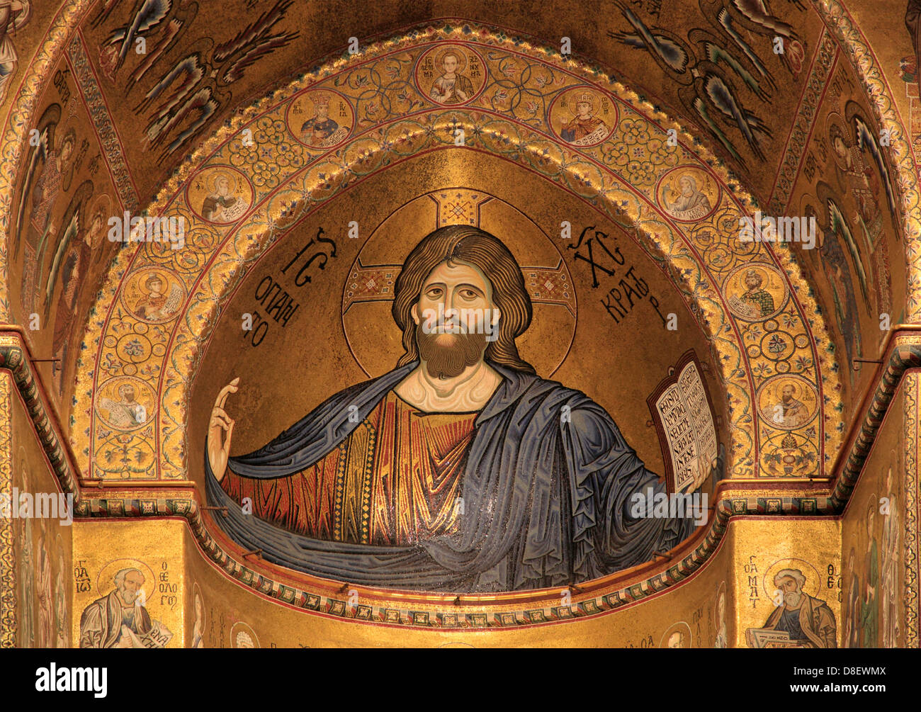 Italy, Sicily, Monreale, Duomo, Cathedral, interior, mosaics, Christ Pantocrator, Stock Photo