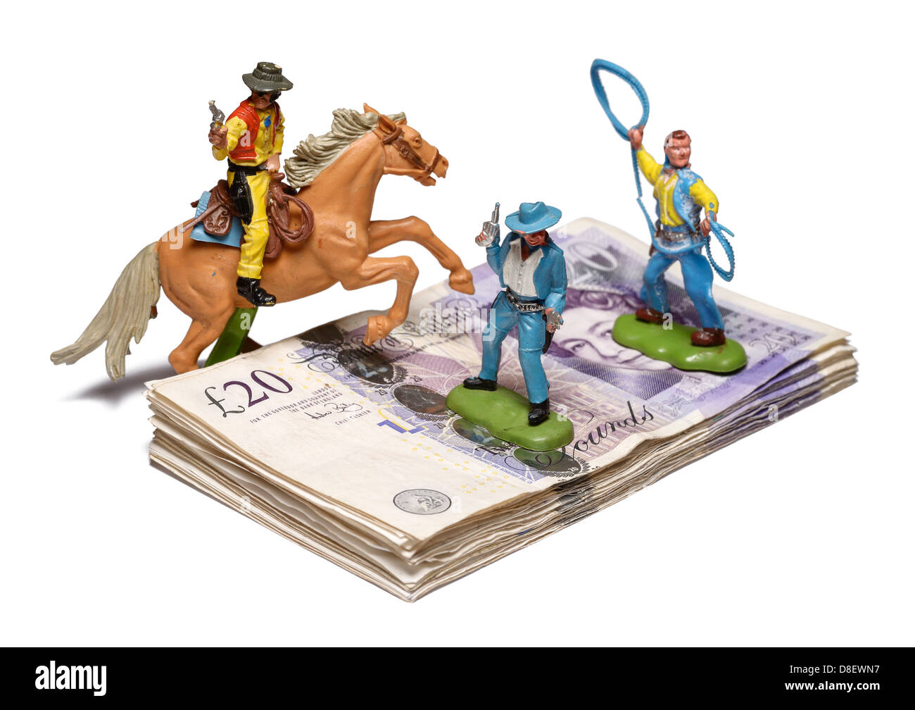 Money being guarded by cowboys Stock Photo