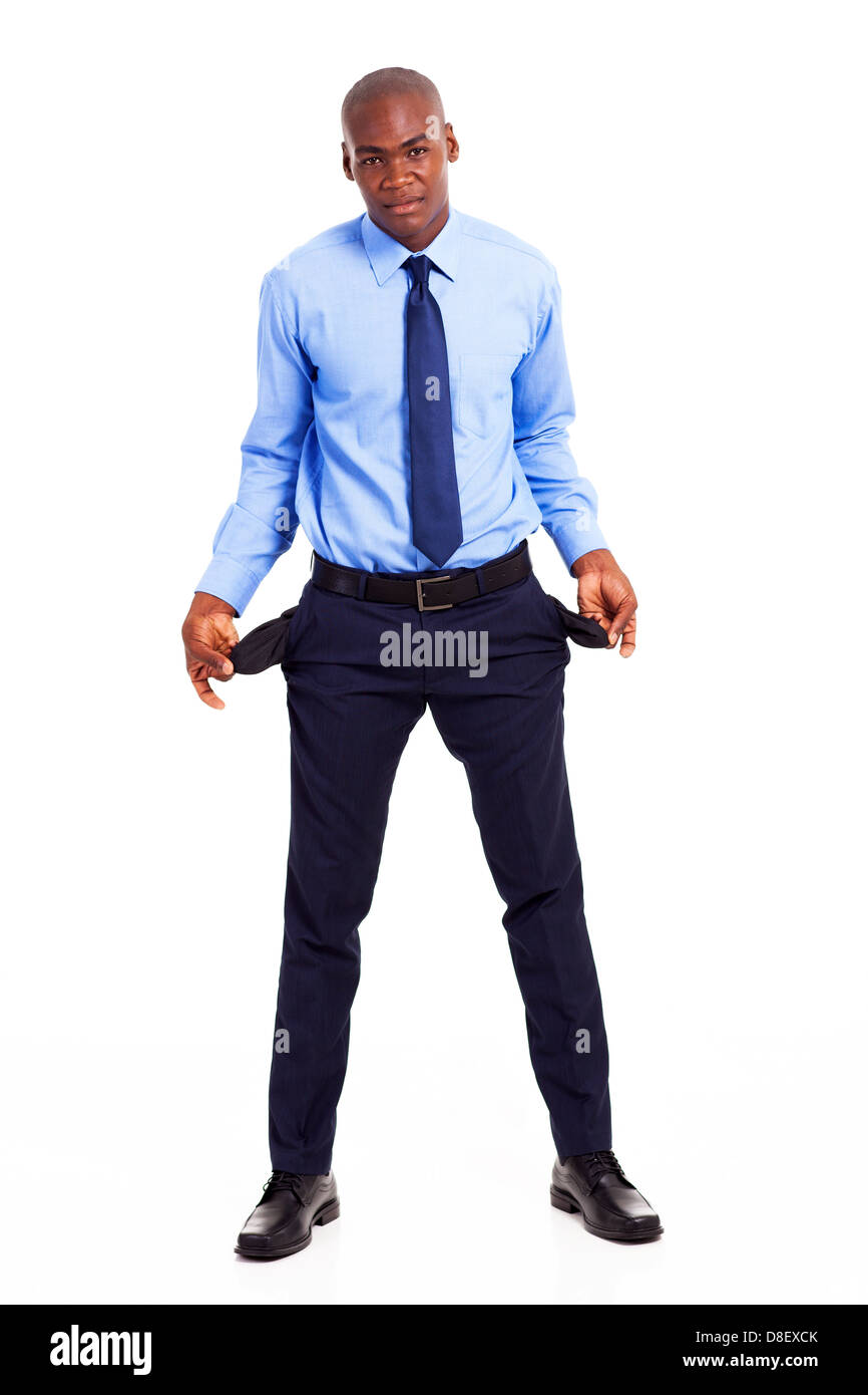 broke african american businessman with empty pockets isolated on white Stock Photo