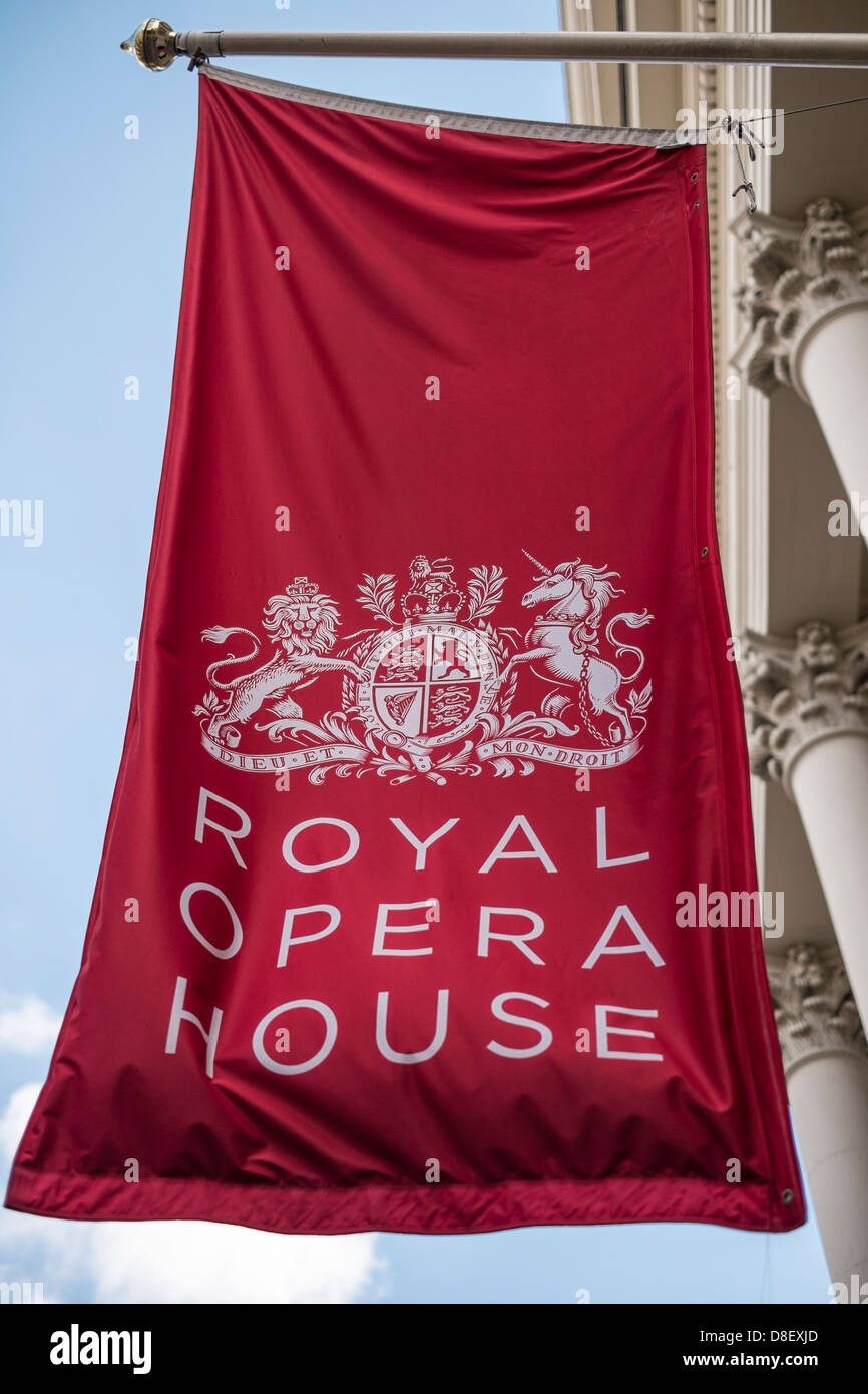 Flag or Banner for the Royal Opera House, Covent Garden, London. Stock Photo