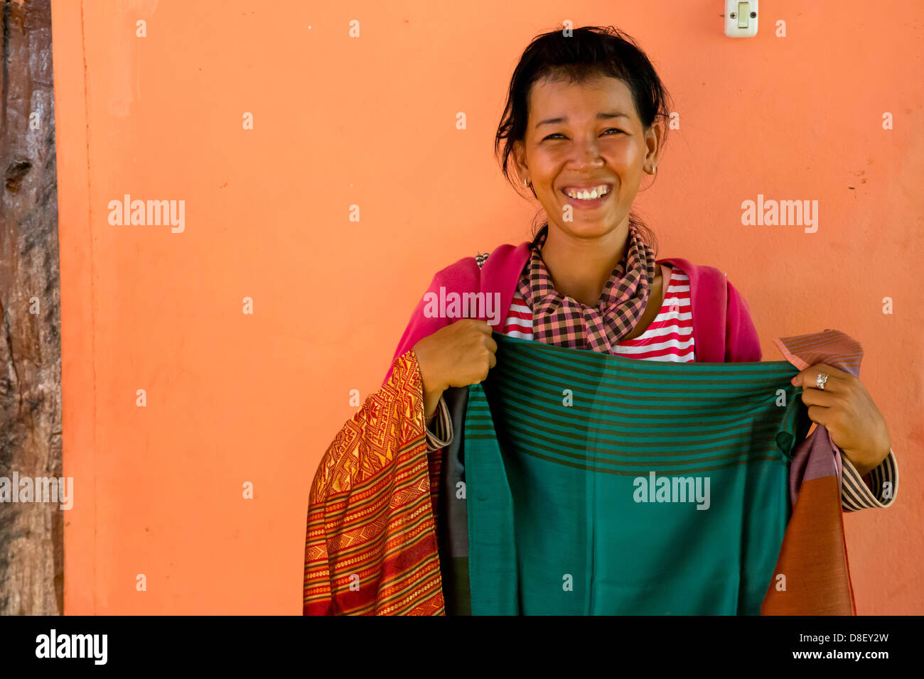 Weaver Woman presenting her Silk Garment on Silk Island (Koh Dach) in ...