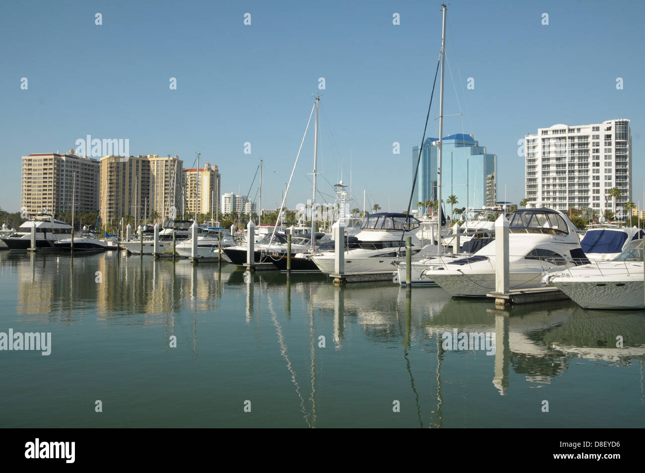 A flotilla of boats is moored at the Sarasota, Florida bay with buildings in the background. Stock Photo