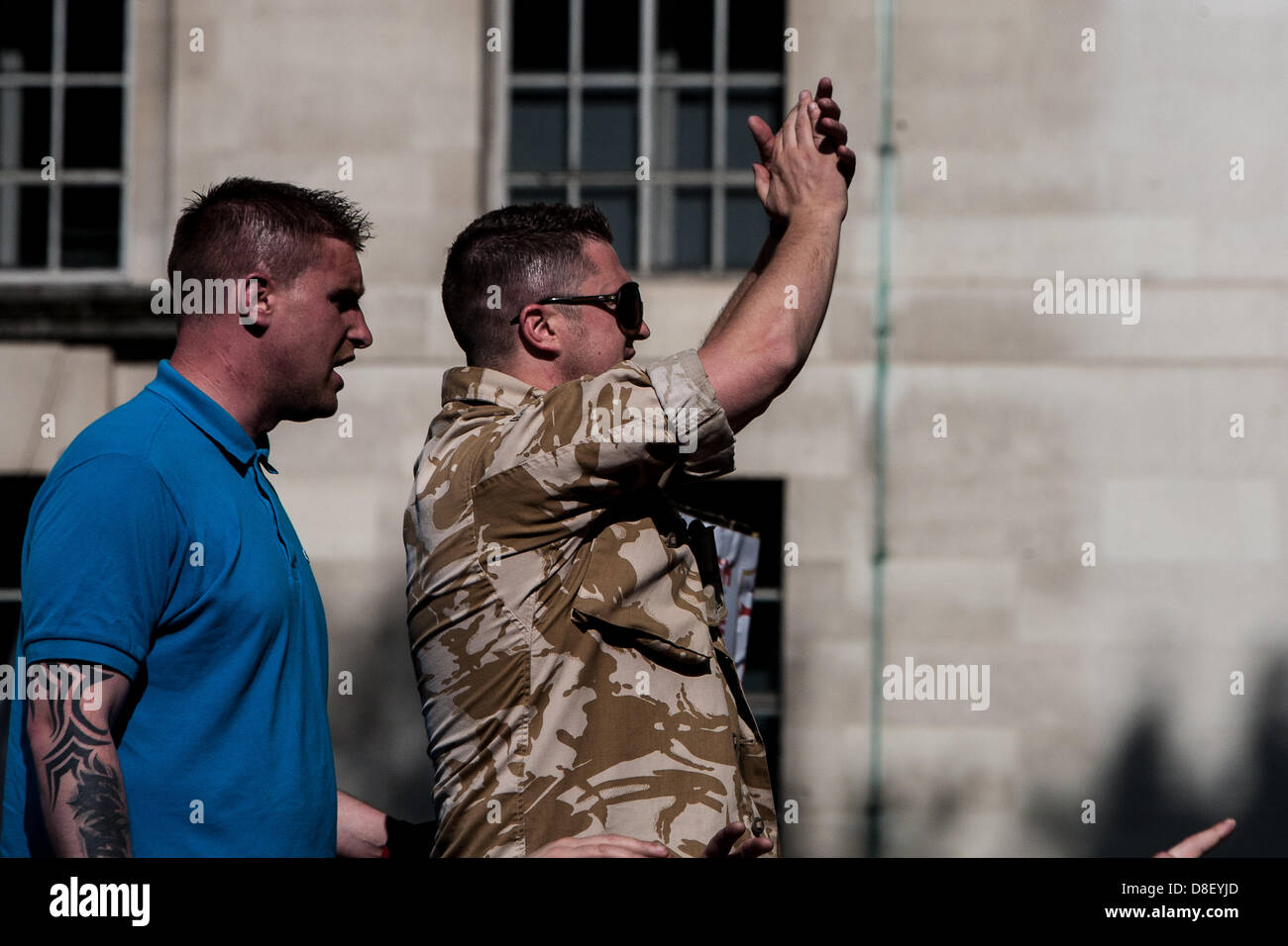 London, United Kingdom. 27th May 2013.  Stephen Yaxley-Lennon, A.K.A Tommy Robinson, leader of  The right-wing pressure group, The English Defence League, at the  protest outside Downing Street in response to the Woolwich Murder of Lee Rigsby  Credit:  Mario Mitsis / Alamy Live News Stock Photo