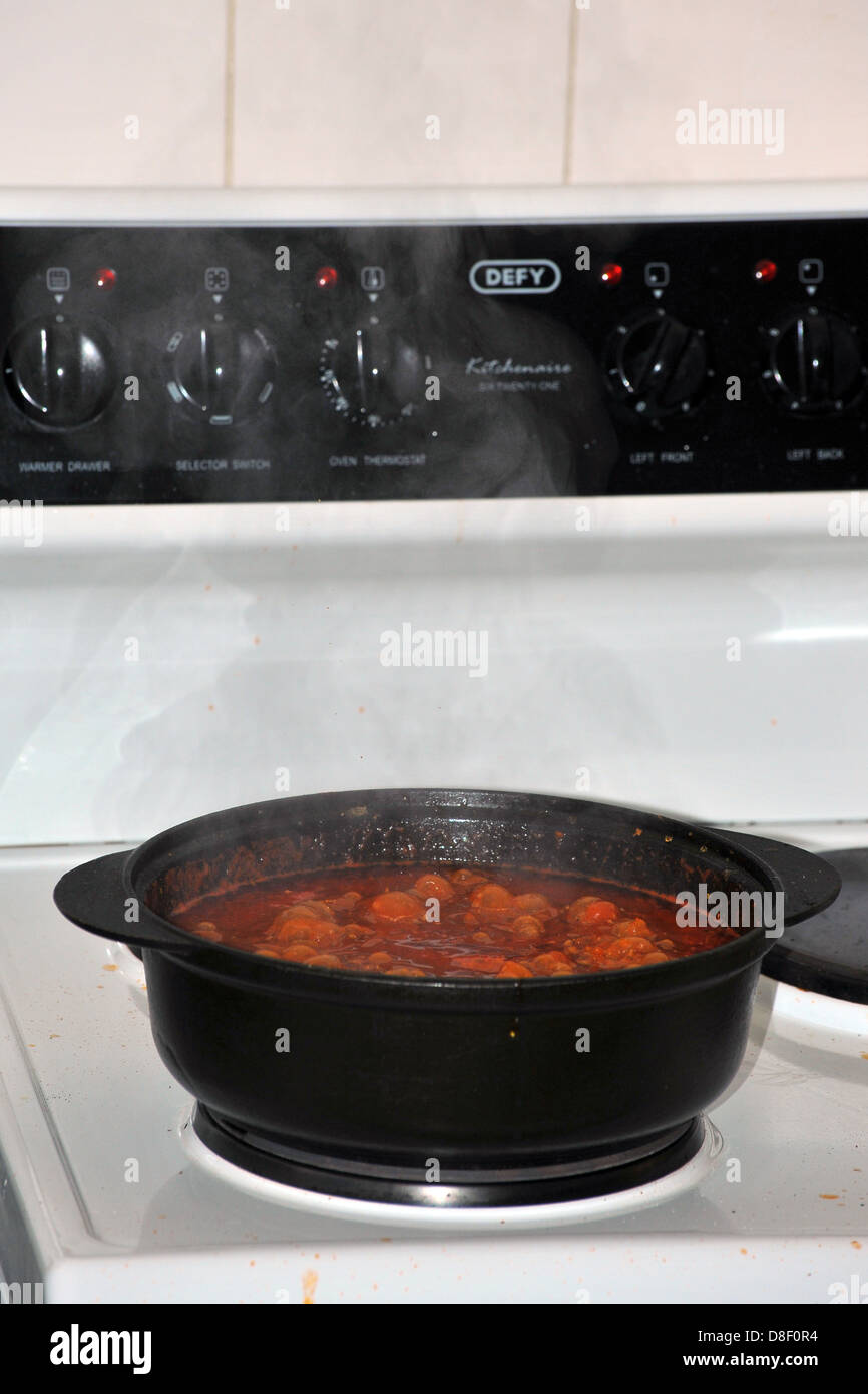 Images of a stew cooking in a cast iron pot on an electric cooker. Stock Photo