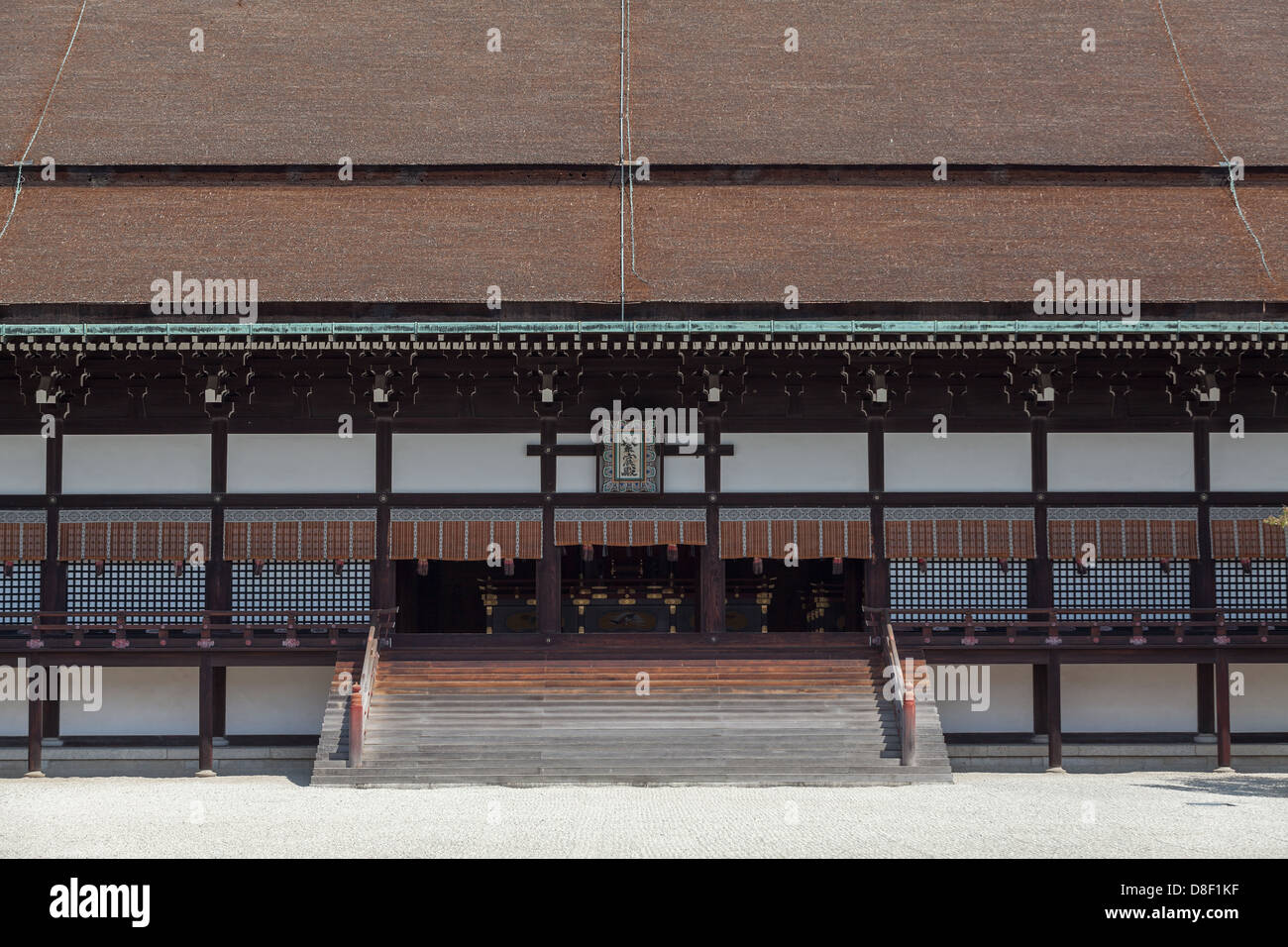 Porch and entrance in Shishinden ceremony main hall, view from Kenrei-mon-gate. Kyoto Imperial Palace, Japan Stock Photo