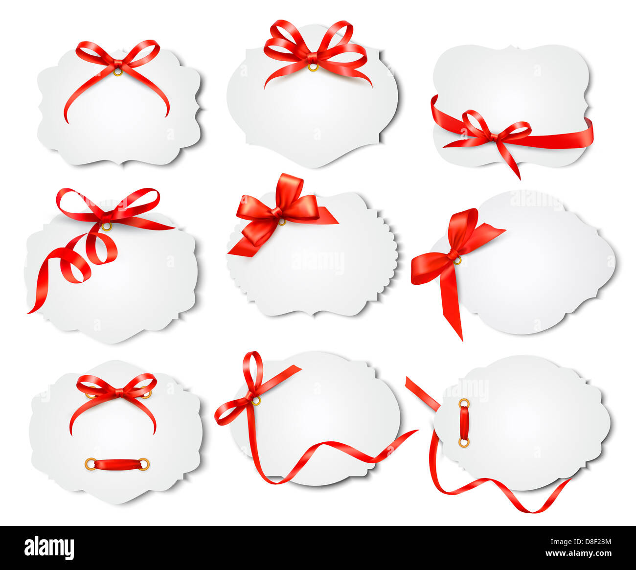 Set of beautiful cards with red gift bows with ribbons. Vector Stock ...