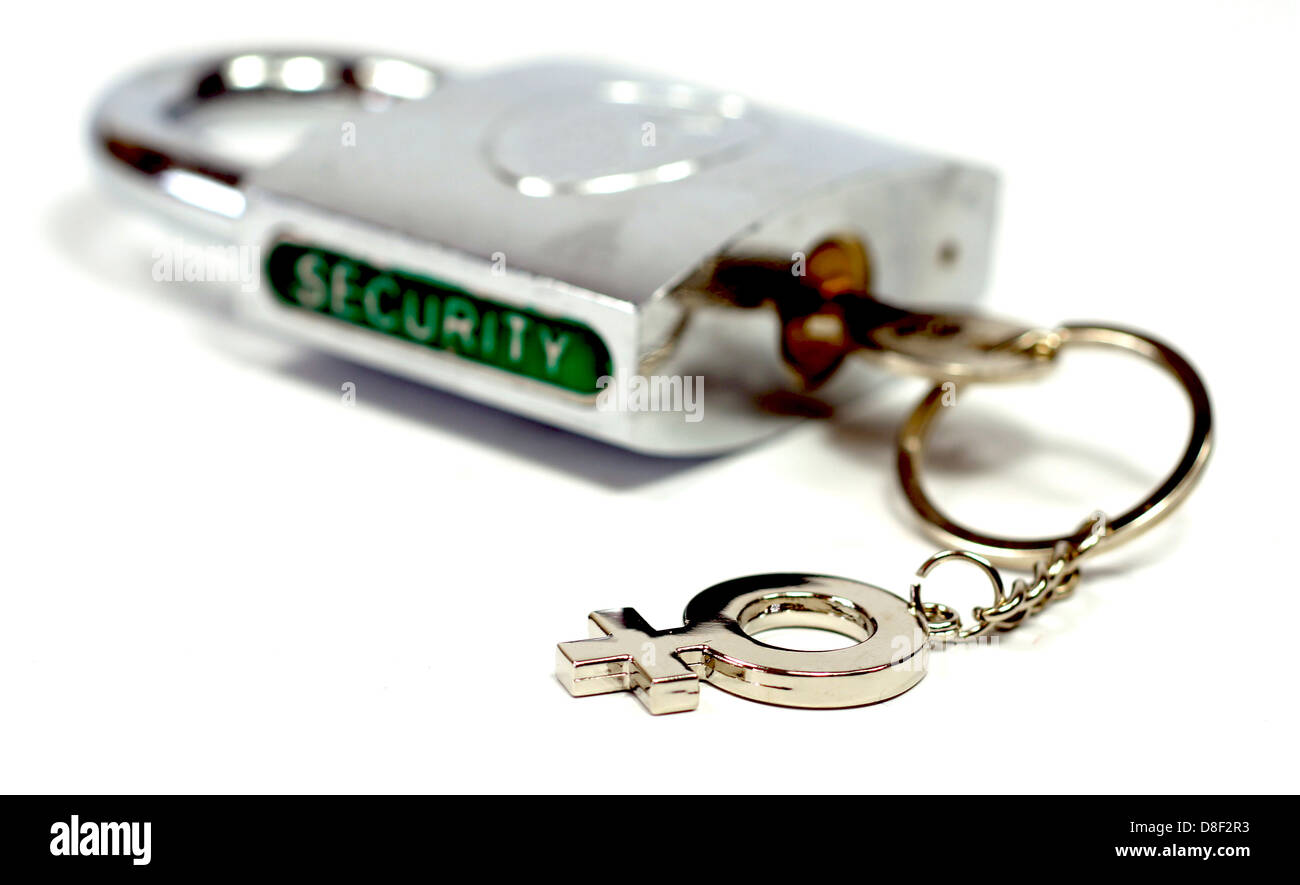 Padlock security with a female gender key holder Stock Photo