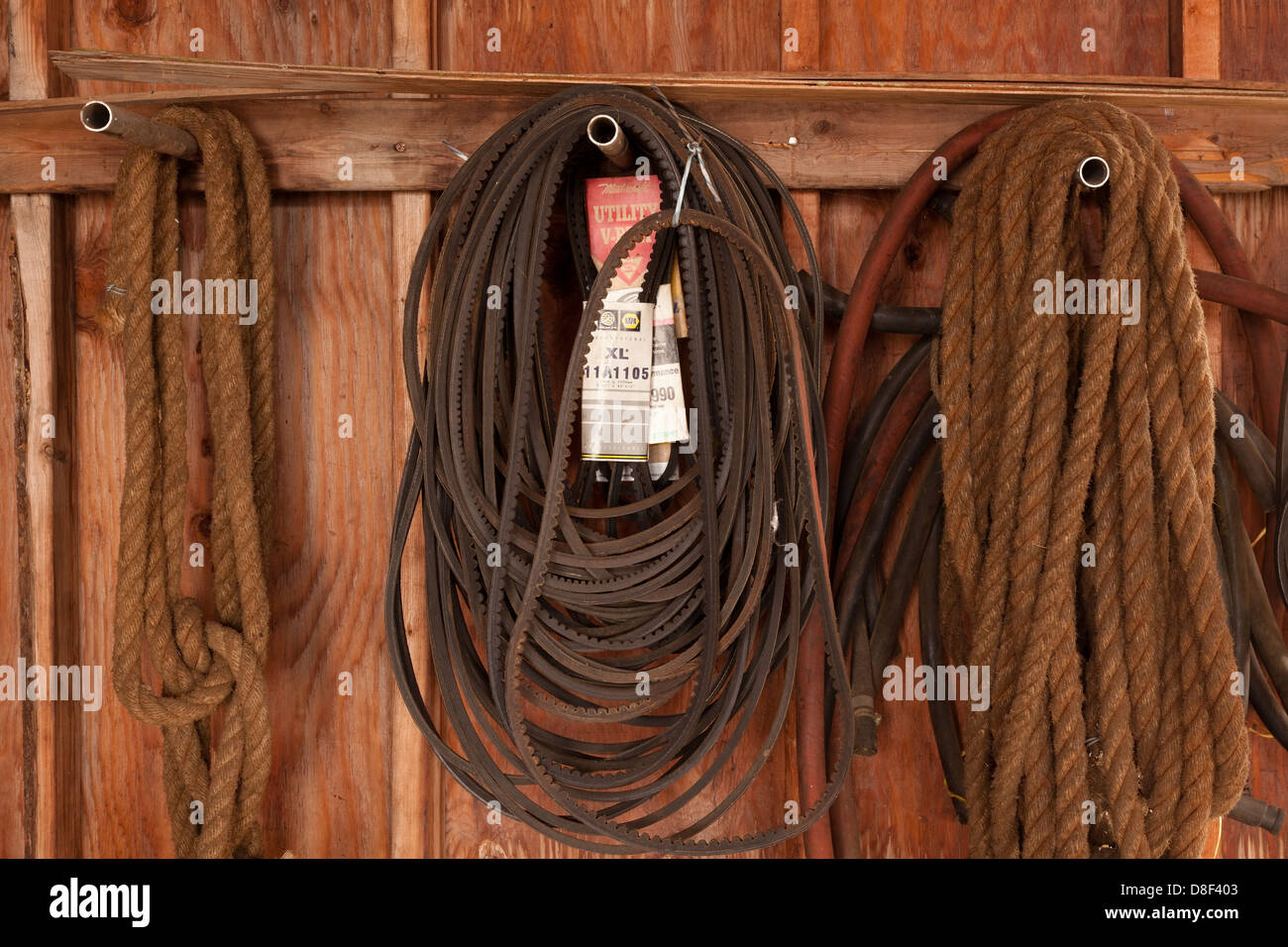 Serpentine belts and thick rope hanging in an old shed Stock Photo - Alamy
