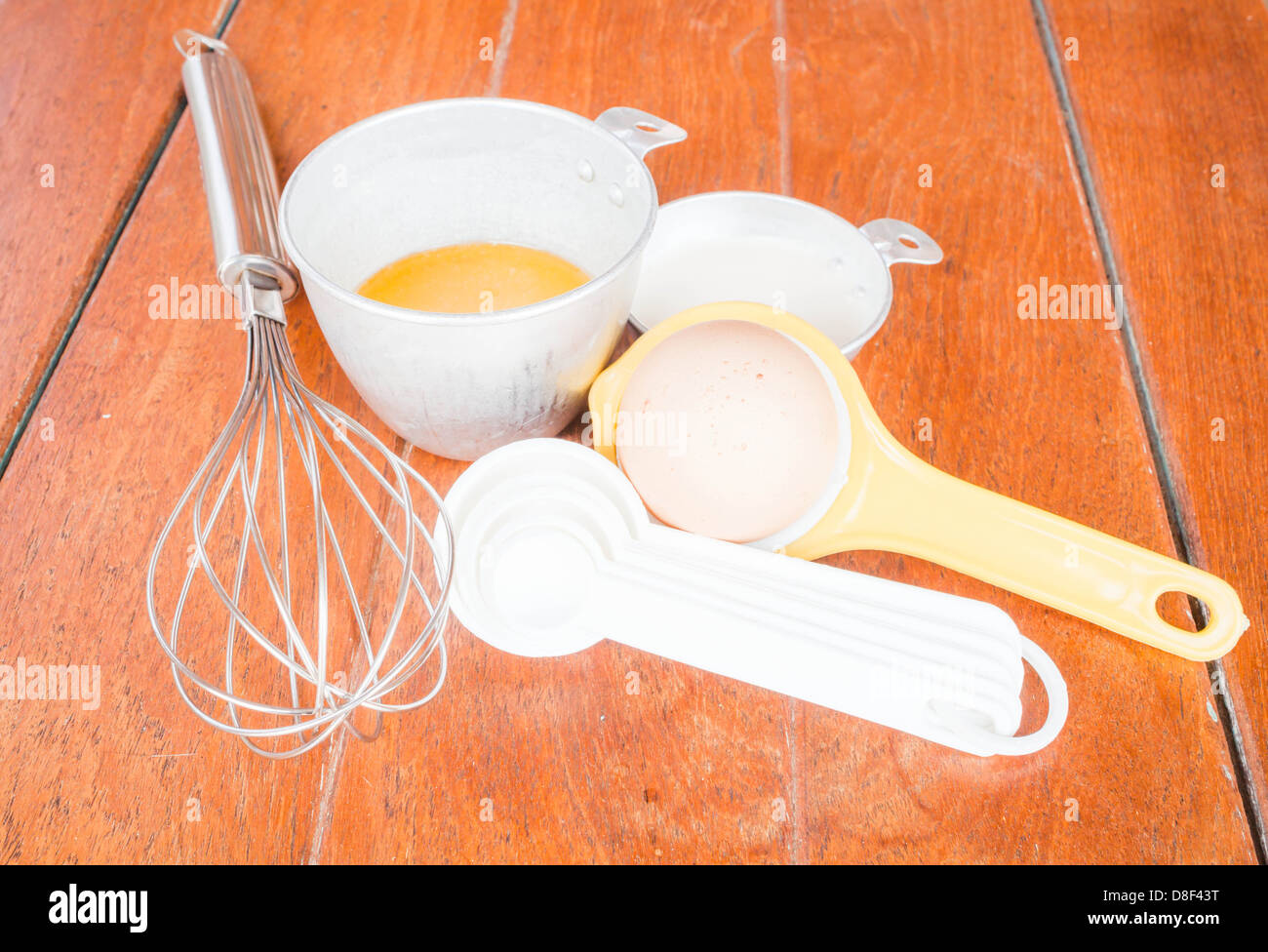 Step of bakery preparation with milk, butter, spoon, hand mixer and yolk separator Stock Photo