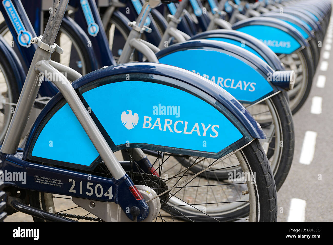 Barclays Cycle Hire Boris Bikes at a Docking Station, London, England, UK. Stock Photo