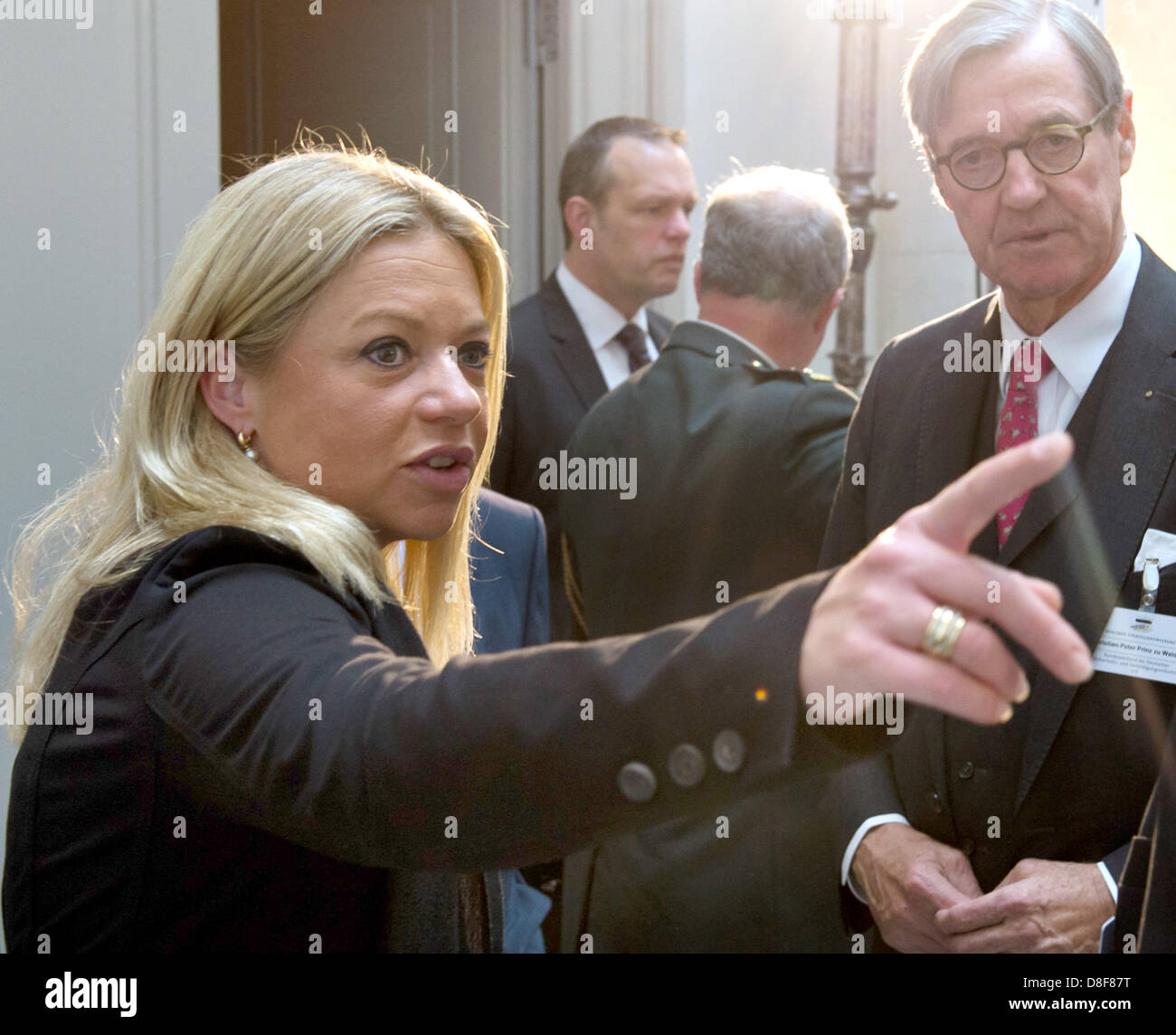 Dutch Minister of Defence Jeanine Hennis-Plaschaert talks to managing director of the Federal Association of the German Defence Industry, Christian-Peter Prince of Waldeck (R), before the start of the Berlin Strategy Conference in Berlin, Germany, 28 May 2013. Photo: SOEREN STACHE Stock Photo