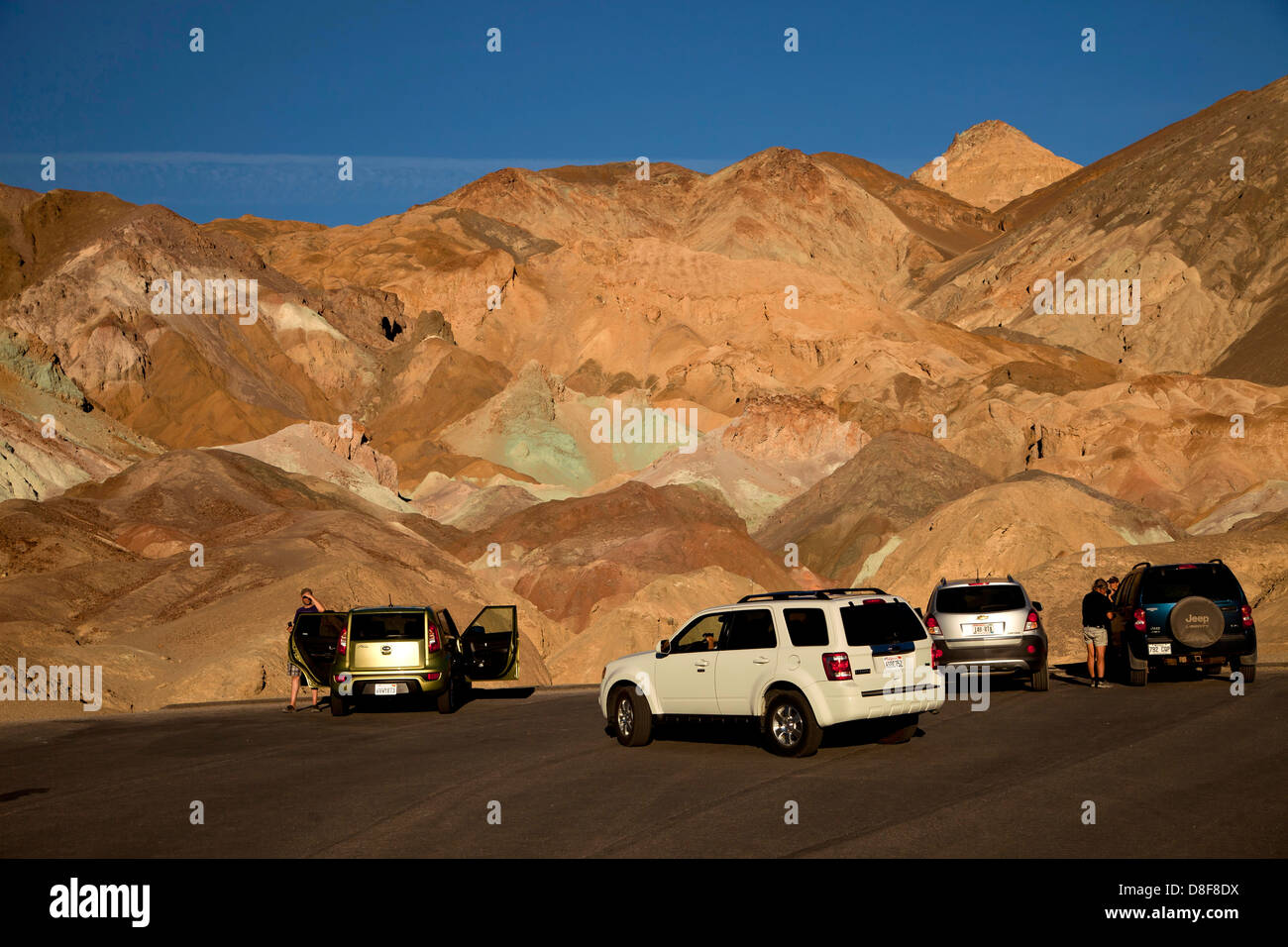 parking lot at the colourful rocks of Artists Drive and Artist’s Palette, Death Valley National Park in California, Stock Photo