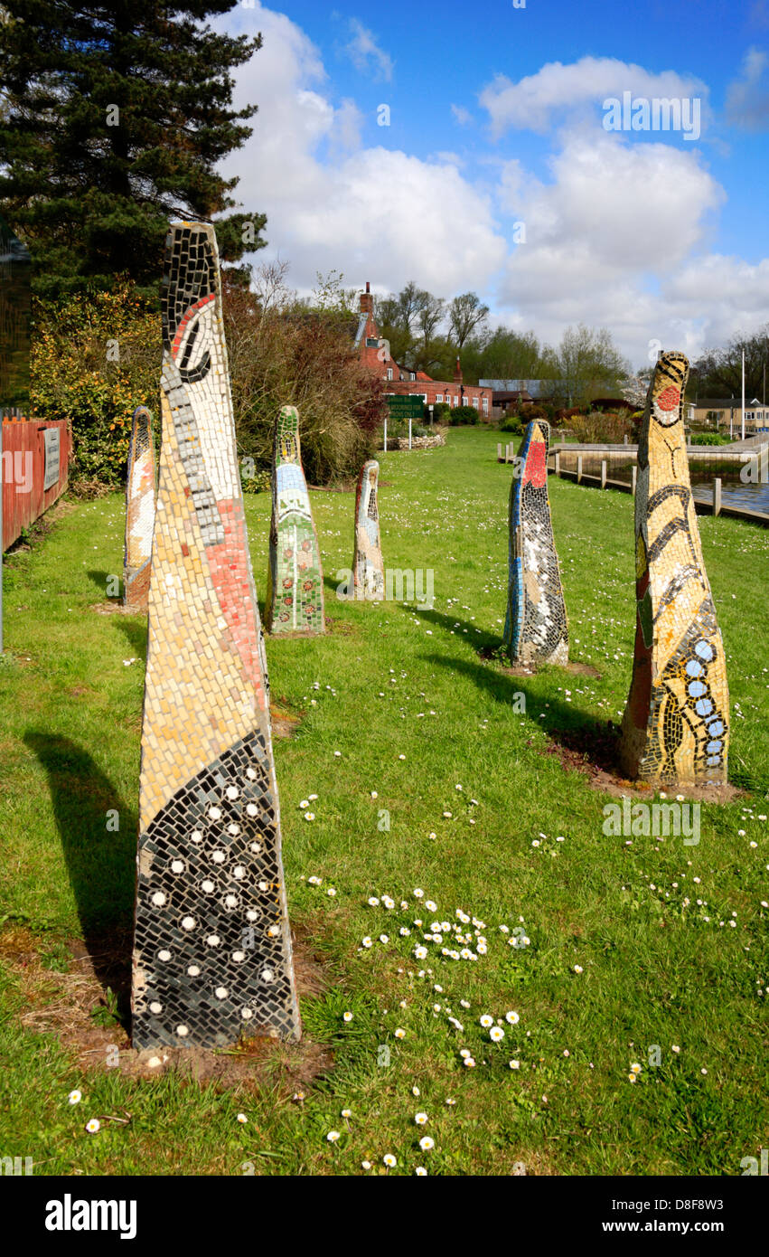 Mosaics by the Wherryman's Way long distance path on the Norfolk Broads at Coldham Hall, Norfolk, England, United Kingdom. Stock Photo