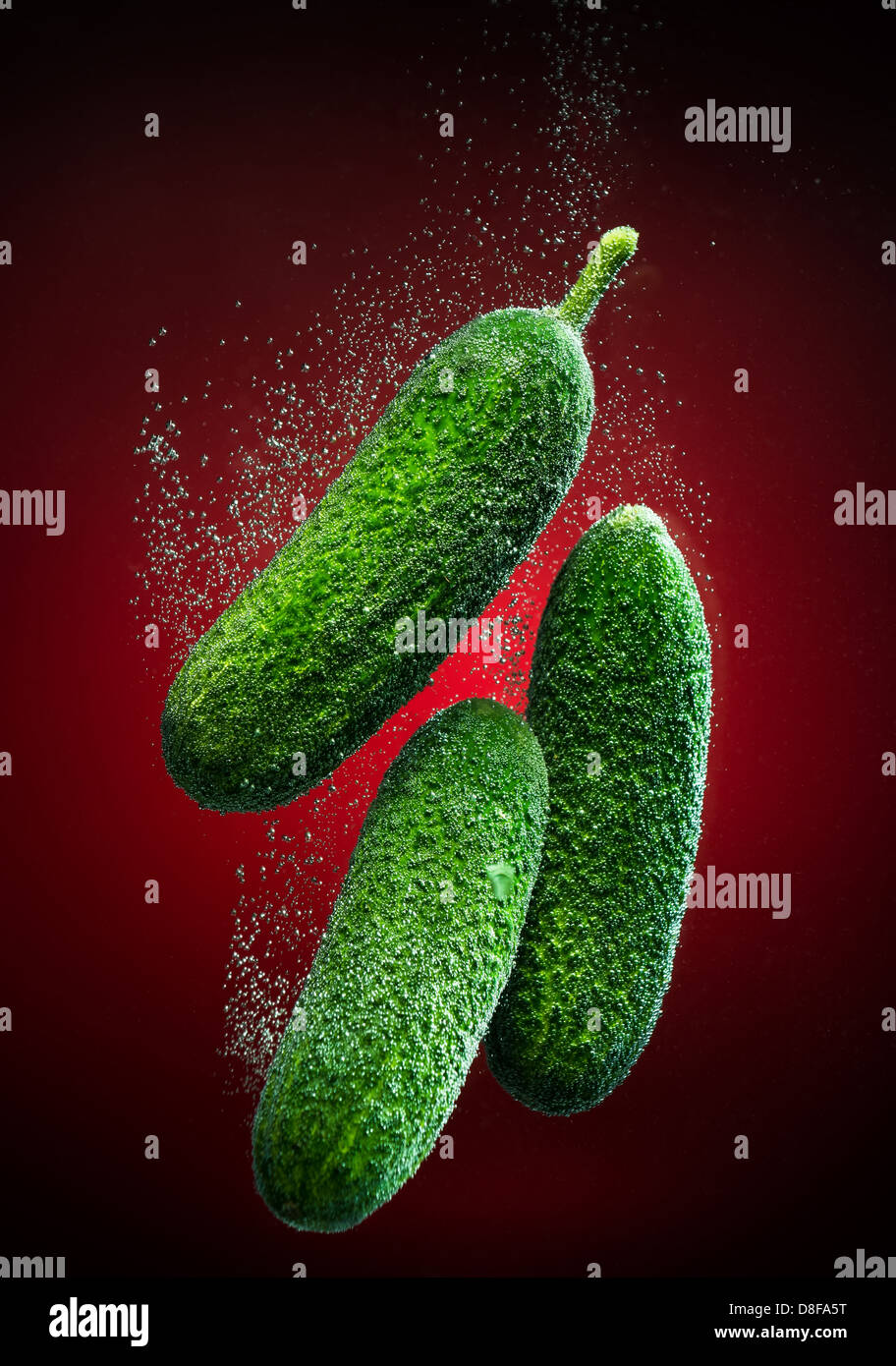 Beautiful cucumber close-up photo with carbon dioxide bubbles Stock Photo