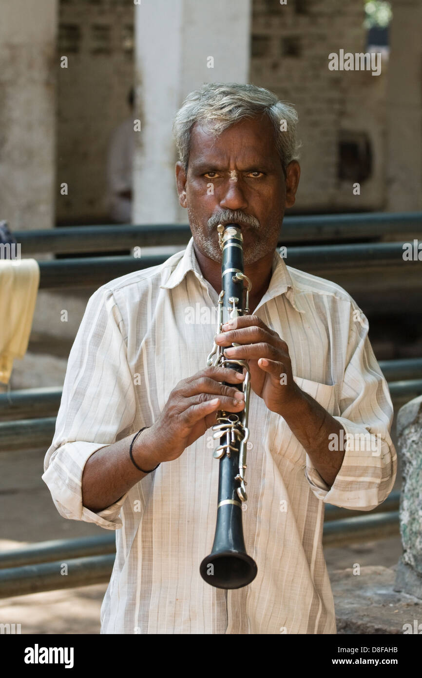 Asia, India, Karnataka, Mahakuta, Portrait of an Indian musician with his instrument Stock Photo