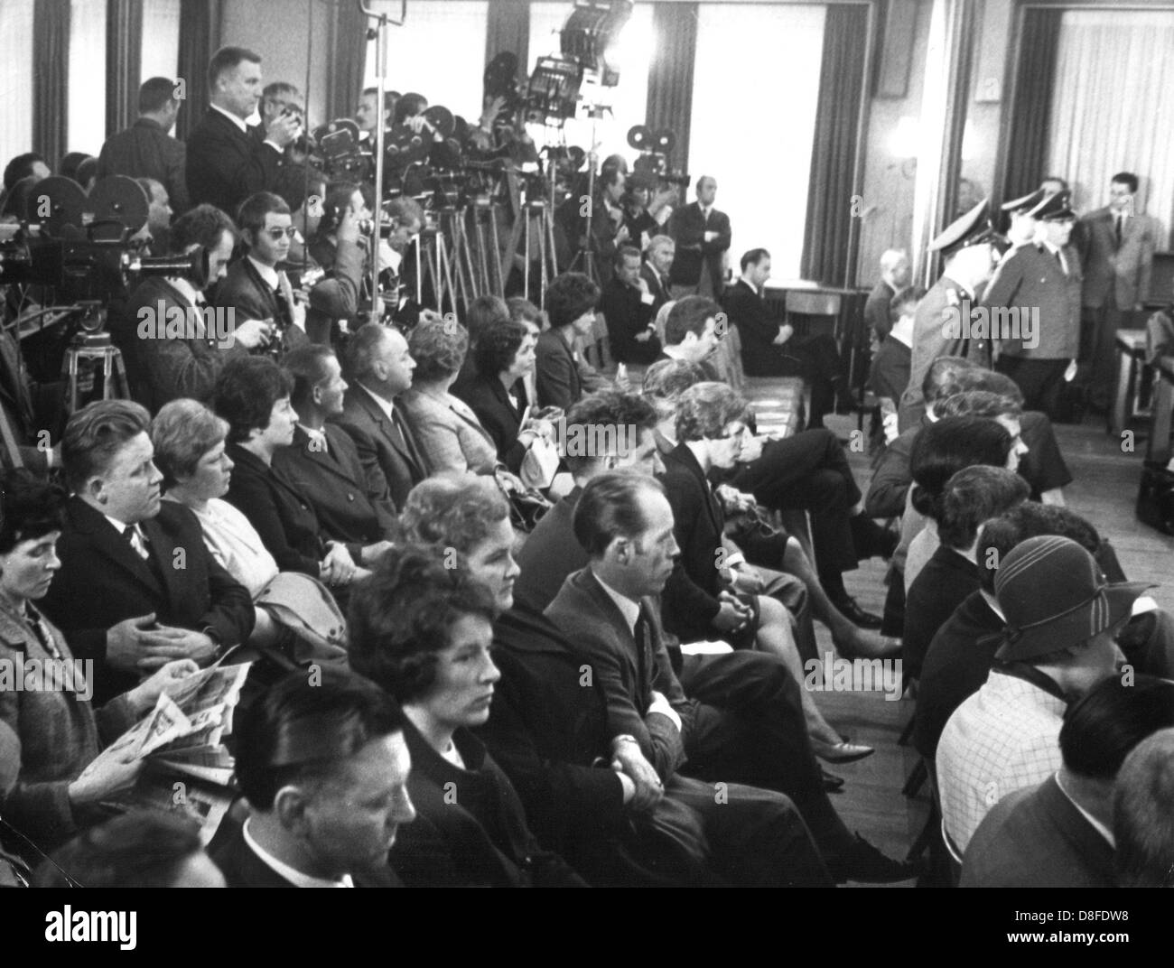 View of the courtroom photographed on 27 May 1968. The trial against seven high ranking employees of the Stollberg-based Grünenthal company, makers of the drug Contergan, began on 27 May 1968 in the miner's canteen 'Anna' in Alsdorf near Aachen, Germany. The trial started with an argument about the formal legal proceedings. The seven employees were charged with involuntary manslaughter, involuntary assault and the violation of German pharmaceutical laws. Stock Photo