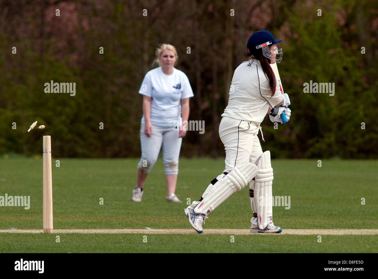 University sport, ladies cricket, batsman bowled out, bails in air. Stock Photo