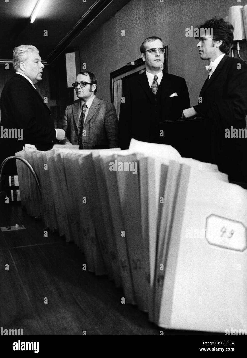 Joint plaintiff attorney Dr. Karl-Hermann Schulte-Hillen (l-r), a journalist, Hubert Linn, chairman of the Federation of the Phisically Disabled, and attorney Dr. Rupert Schreiber after the Contergan trial ended without a verdict on 18 December 1970. The Contergan trial, which had begun on 27 May 1968 in Alsdorf near Aachen, Germany, was with 283 trial days until then the most extensive criminal trial in the law history of the Federal Republik of Germany. The Aachen district attorney's office had filed official charges on 14 March 1967 against nine employees of pharmaceutical company Grünentha Stock Photo