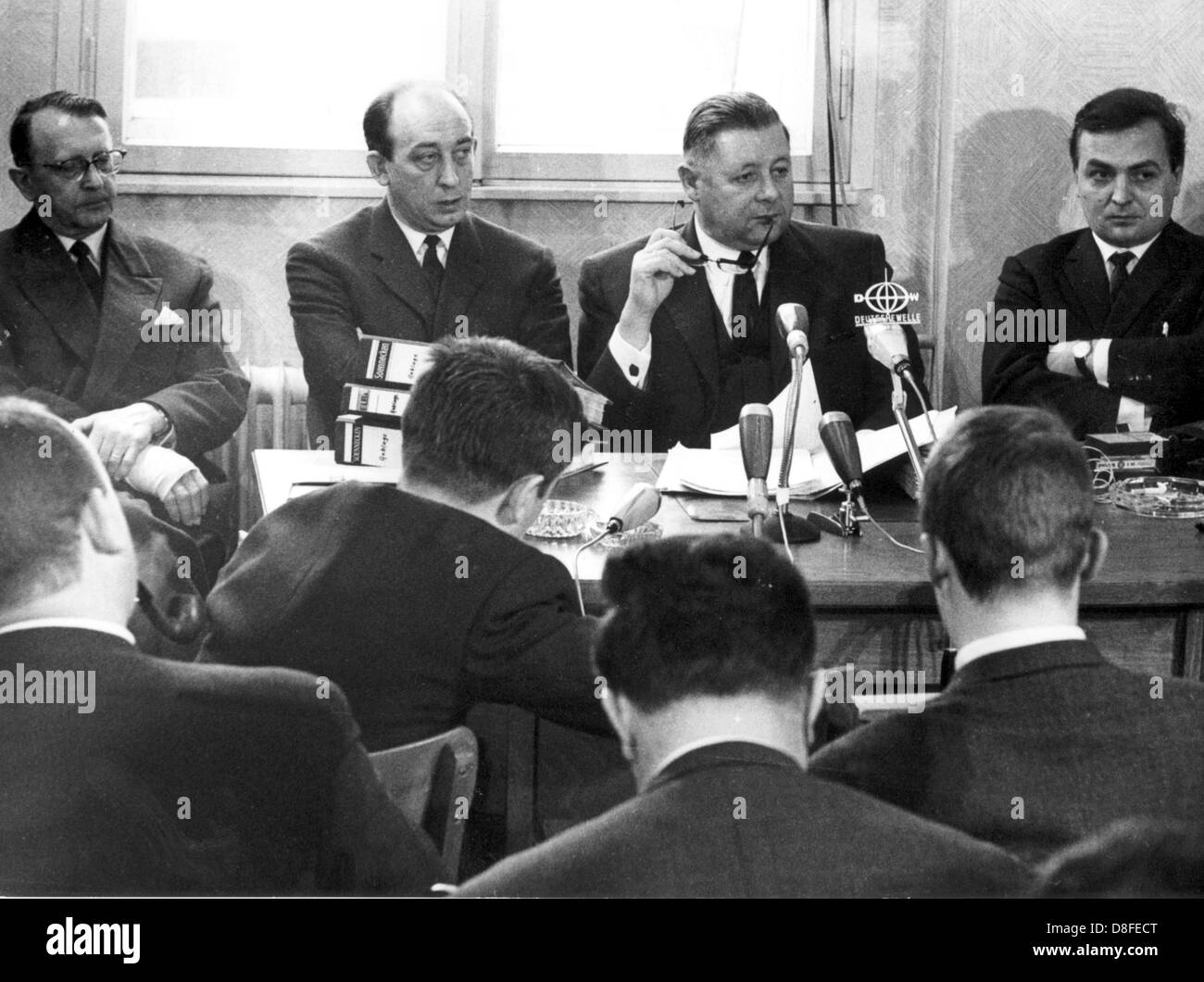 (L-r) Chief prosecutor Schue, prosecutor Havertzs, chief prosecturo Dr. Gierlich and prosecutor Knipfer during a press conference in Aachen on the 14th of March in 1967. The prosecution of Aachen has prefered the charge against nine employees of the Contergan manufacturing company Grünenthal. About 8,000 to 12,000 children were born with severe malformations, many died, due to the intake of the sleeping pill Contergang during pregnancy. The process was closed without a judgement. The company Grünenthal voluntarily paid 114 million Mark of compensation to the victims. Stock Photo