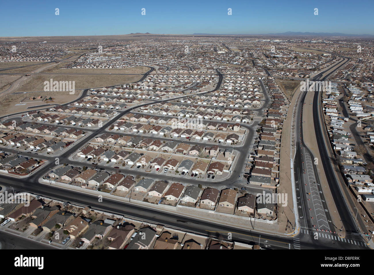 Aerial of modern residential neighborhoods in arid Albuquerque, New