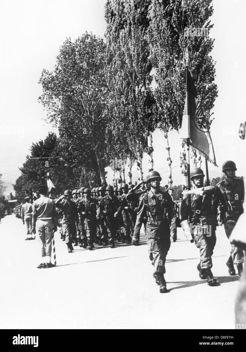 German NATO soldiers participate in a parade through Xanthi, Greece, on the 16th of September in 1966. The soldiers are in the North of Greece during the NATO manoeuvre 'Sunshine Express'. It is the first time since World War II, that German soldiers are on Greek soil again. Stock Photo
