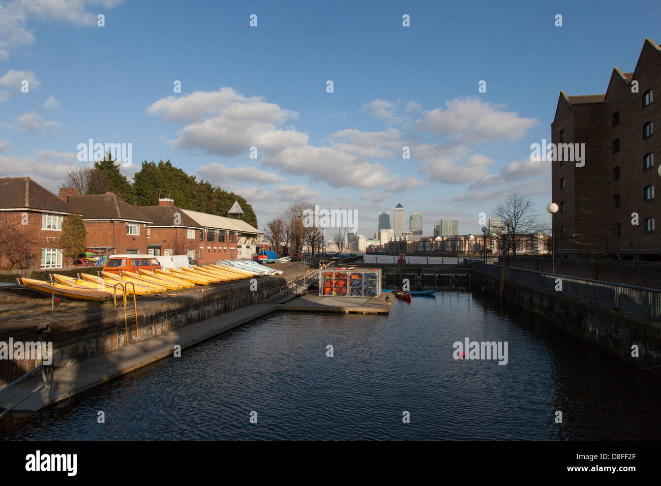 Shadwell Basin Outdoor Activity Centre, Shadwell, east London, Canary Wharf in distance. Stock Photo