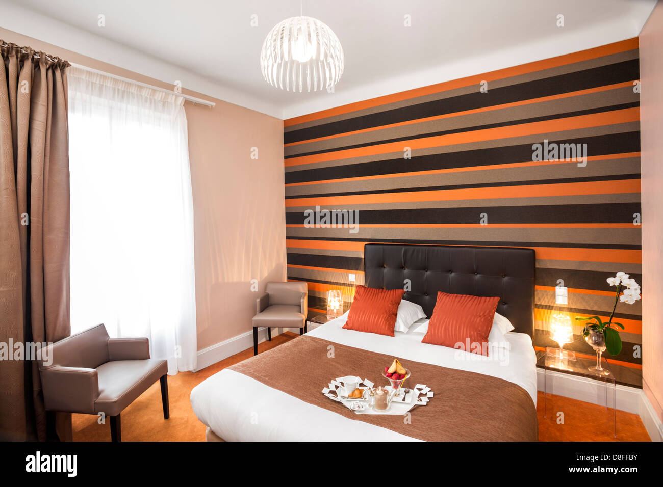 A hotel double room with breakfast tray (France Stock Photo Alamy