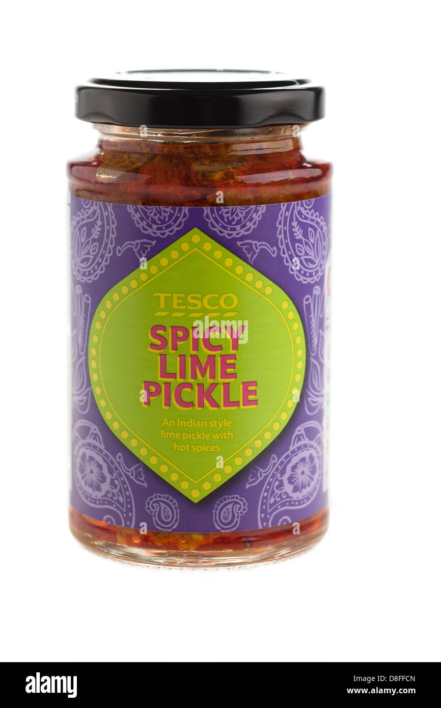 Jar of Tesco spicy lime pickle Stock Photo