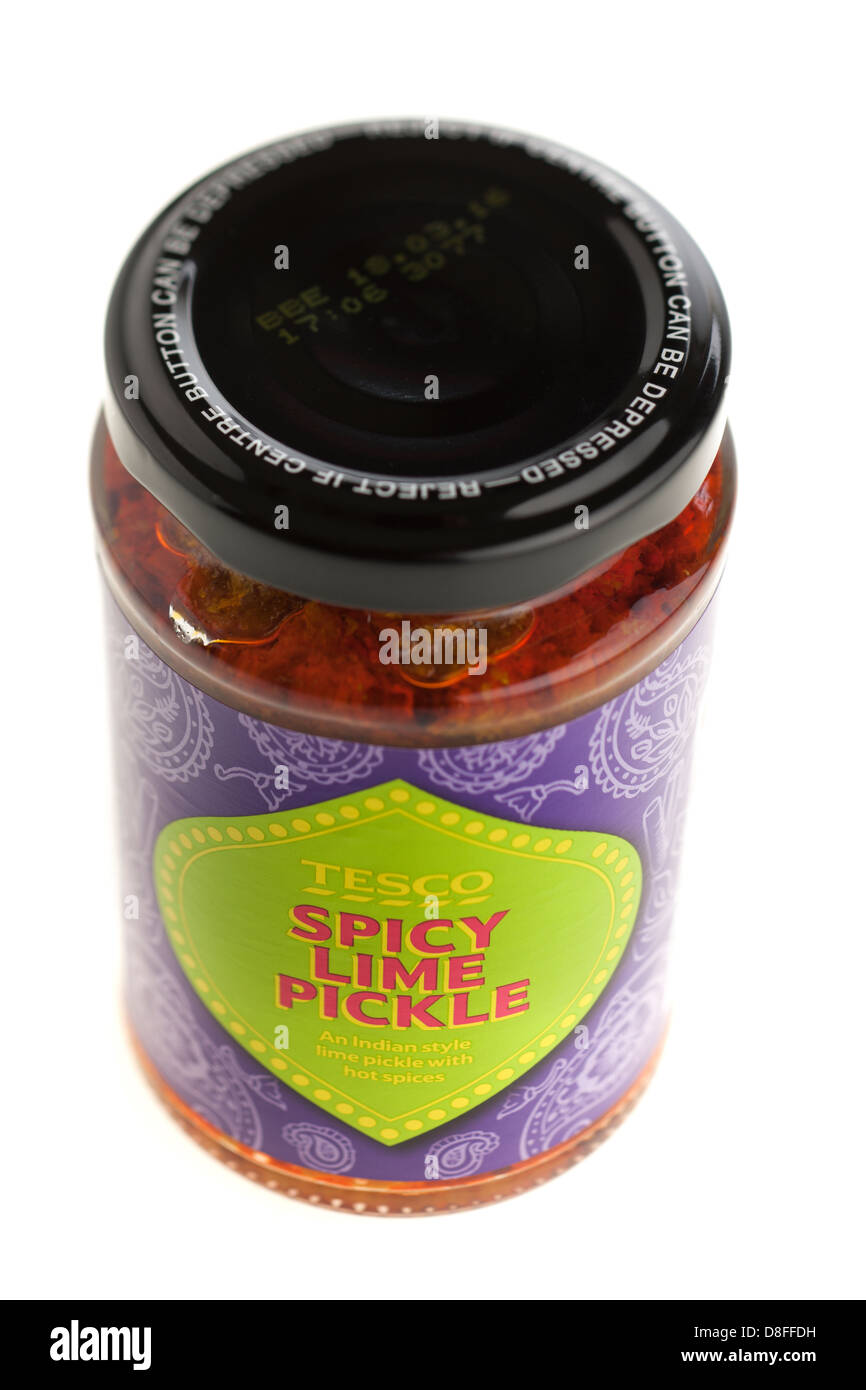 Jar of Tesco spicy lime pickle Stock Photo