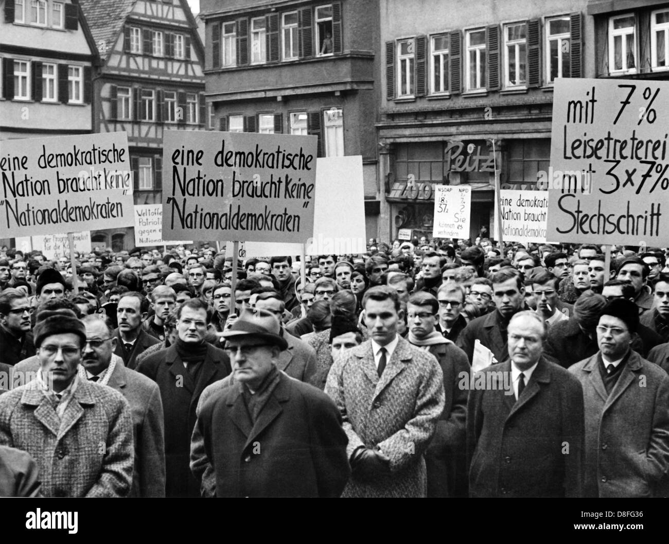 Demonstrators with banners protest against right-wing radicalism in Tuebingen on the 7th of December in 1966. Stock Photo