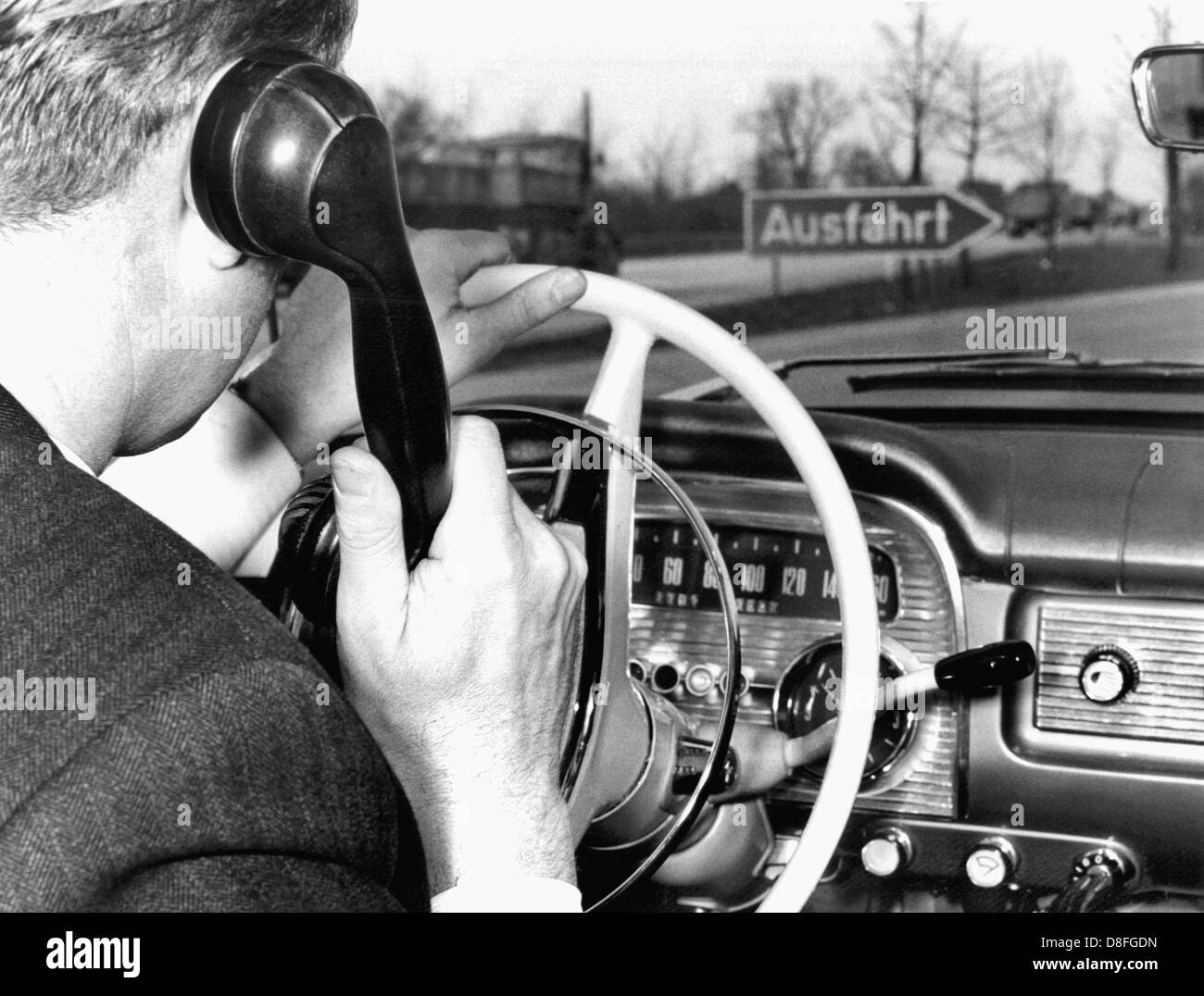 The car phone service is complete on the motorway of Hamburg-Cologne and Munich in 1965. Stock Photo