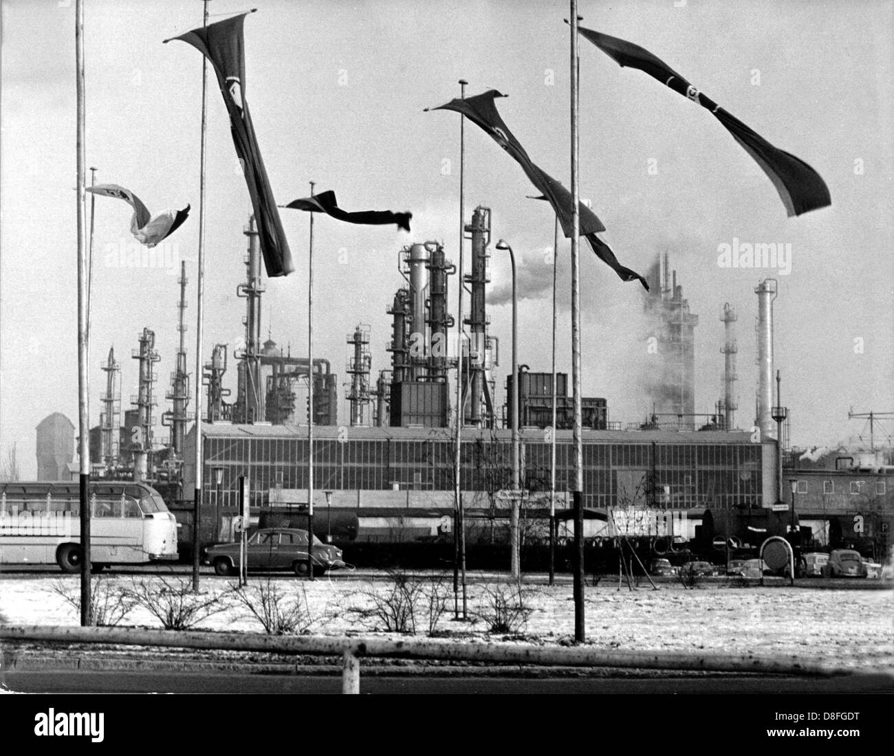 View of a part of the Farbwerke Hoechst on the 10th of January in 1963 on the occasion of the 100th jubilee of the company. Stock Photo