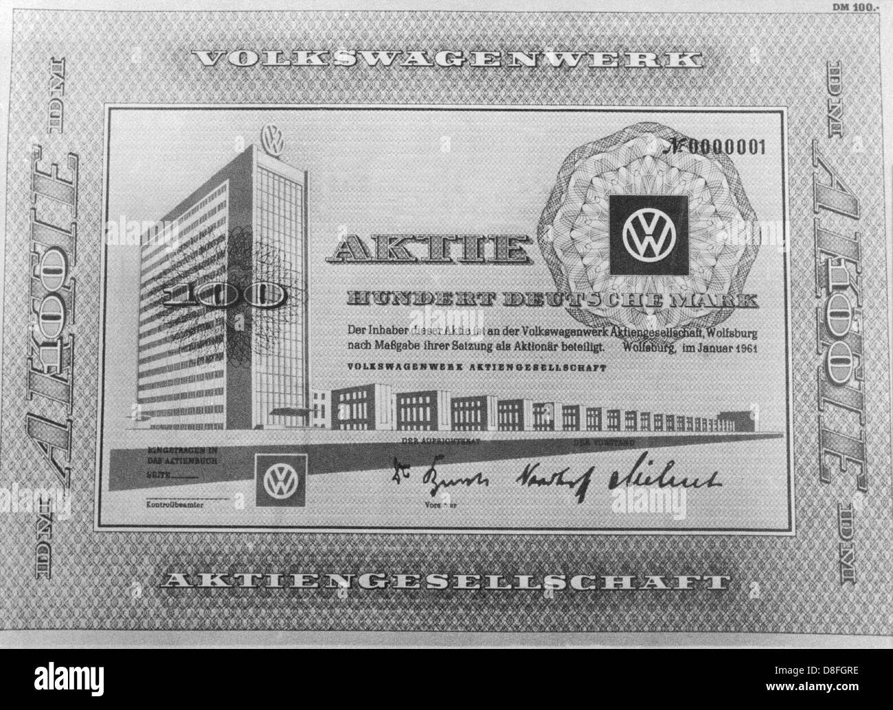 Picture of a VW people's stock worth one hundred mark from 1961. Stock Photo