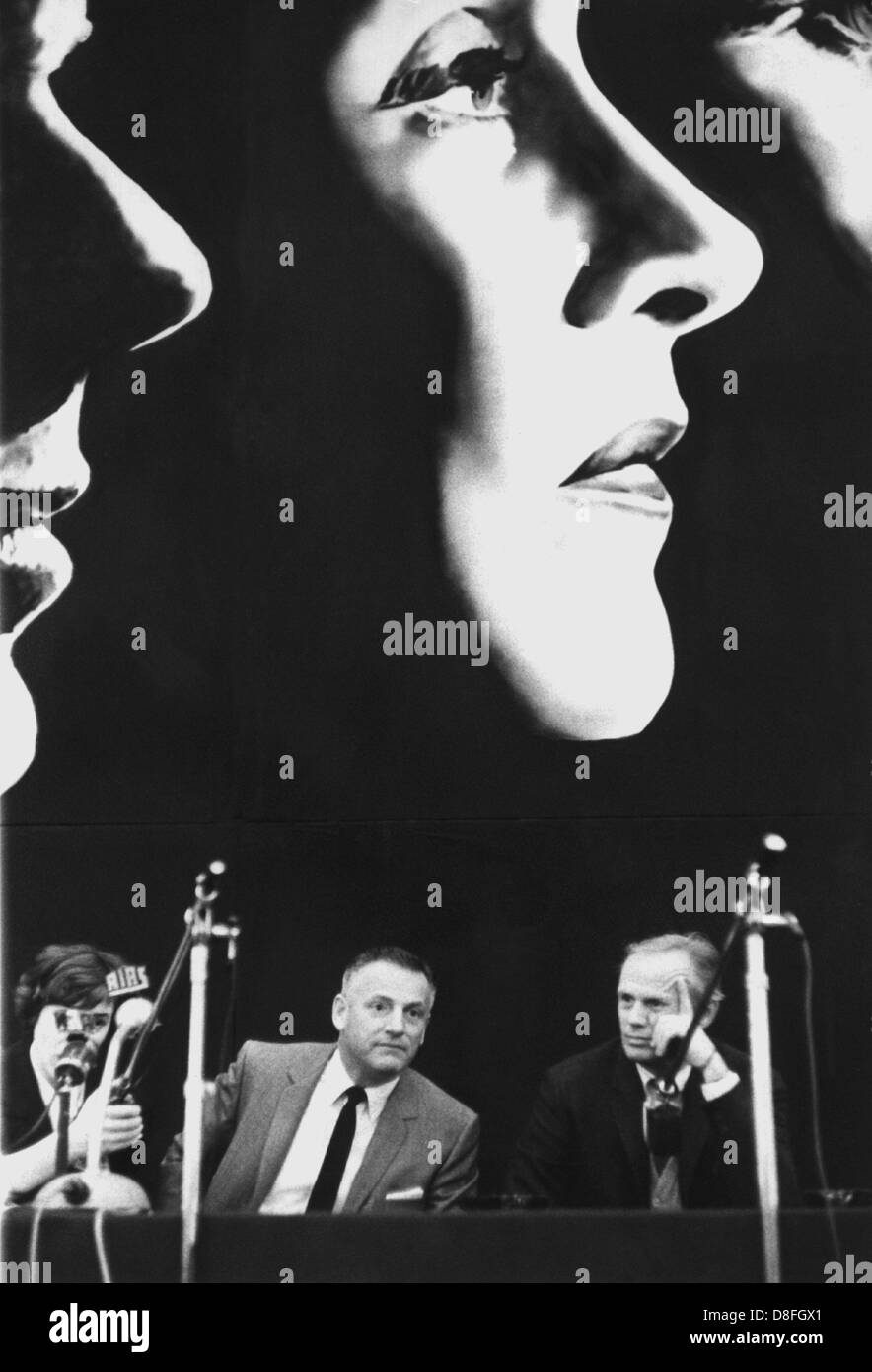 American director Stanley Kramer (r) excuses the protagonists Marlene Dietrich's and Burt Lancaster's absence at the world premiere of the film 'Judgment at Nuremberg', at a press conference on the 13th of December in 1961. Stock Photo