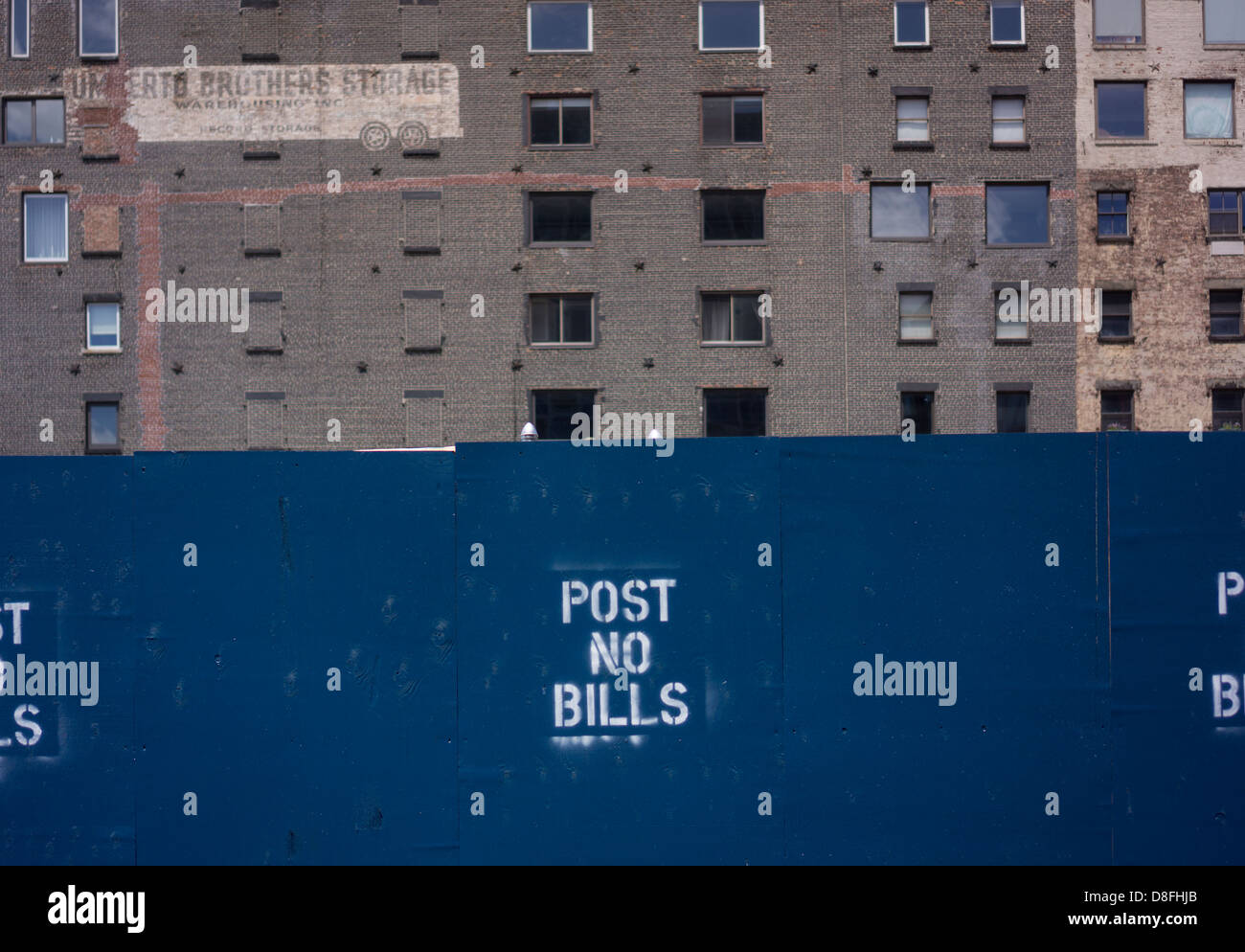 Post No Bills is posted on a construction shed in the Tribeca neighborhood of New York Stock Photo