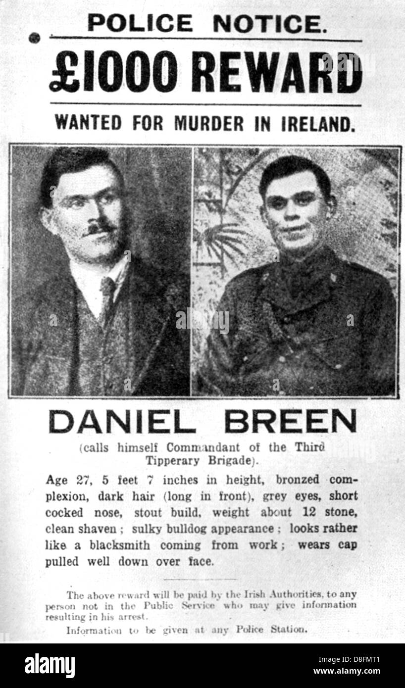 DANIEL 'DAN' BREEN  (1894-1969) on a police notice as member of the Irish Republican Army about 1920. Stock Photo