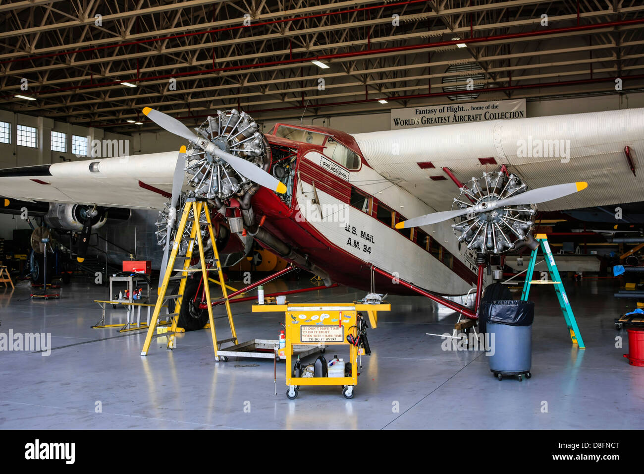 A Ford Trimotor in the Maintenance hanger at the Fantasy of Flight