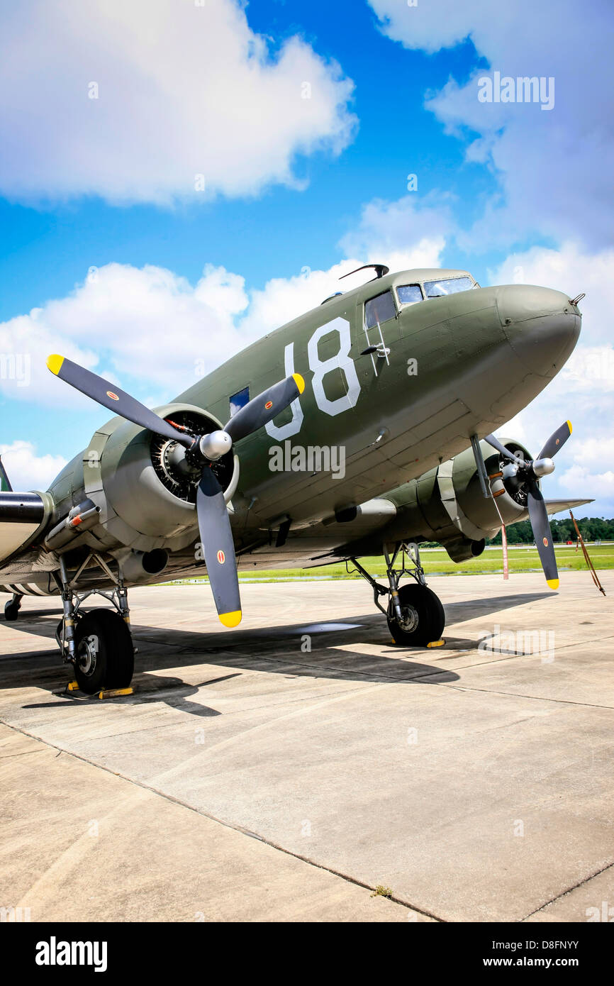 A Douglas C47 Dakota of D-Day fame at the Fantasy of Flight airfield at Polk City FL Stock Photo