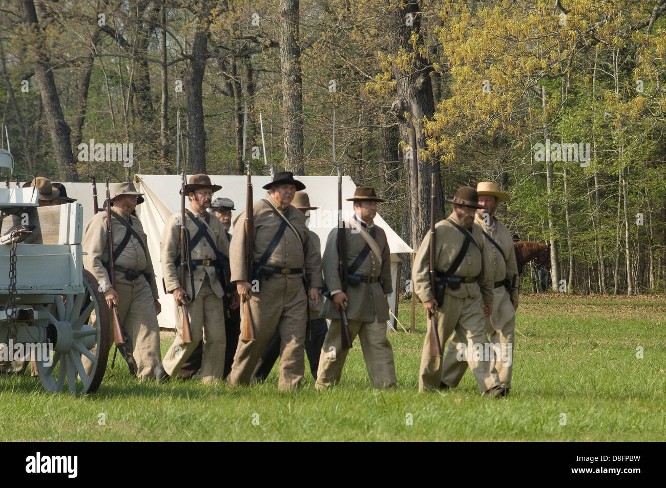 Confederate reenactors marching from camp, Shiloh National Military Park, Tennessee. Digital photograph Stock Photo