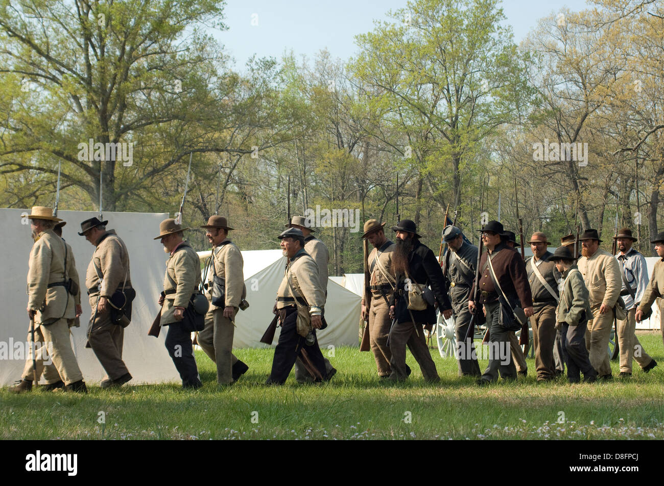 Confederate reenactors marching from camp, Shiloh National Military Park, Tennessee. Digital photograph Stock Photo