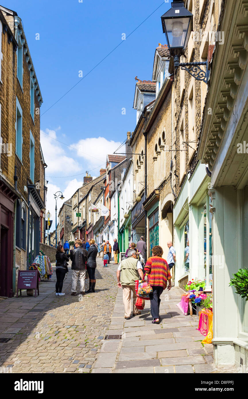 Frome, Somerset, UK - People shopping on the hill in Catherine Street in summer Stock Photo