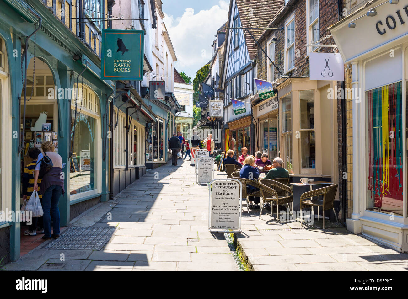 Old street and cafe in Frome, Somerset, England, UK Stock Photo