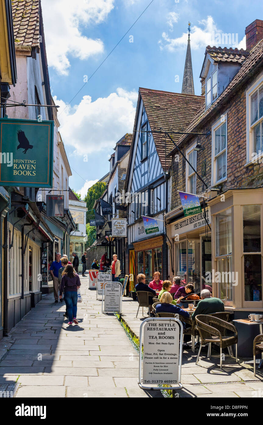 Cafe and old street scene in Frome town, Somerset UK Stock Photo