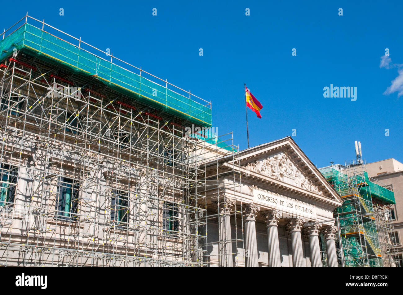 Facade of Congreso de los Diputados in works. Madrid, Spain. Stock Photo