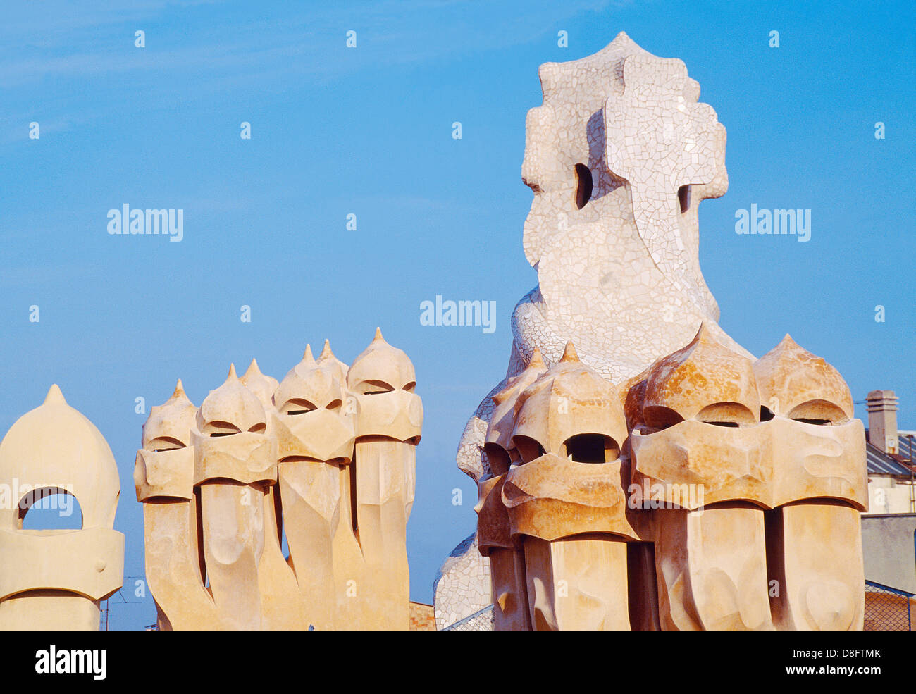 Chimneys. Terrace of Mila House, Barcelona, Catalonia, Spain Stock
