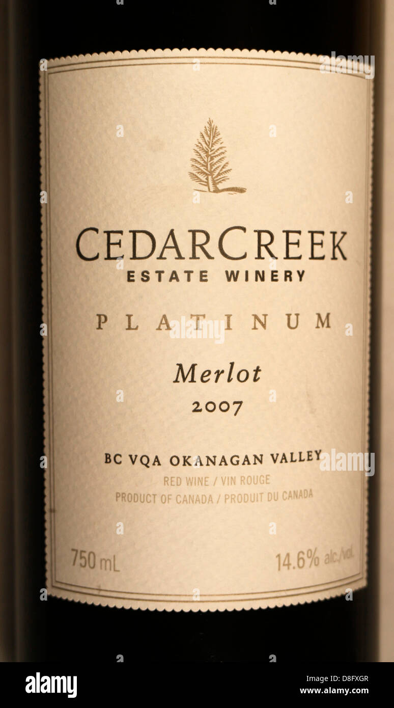 Cedar Creek Merlot 2007 Canadian BC Wine label on bottle. 131823 Wine