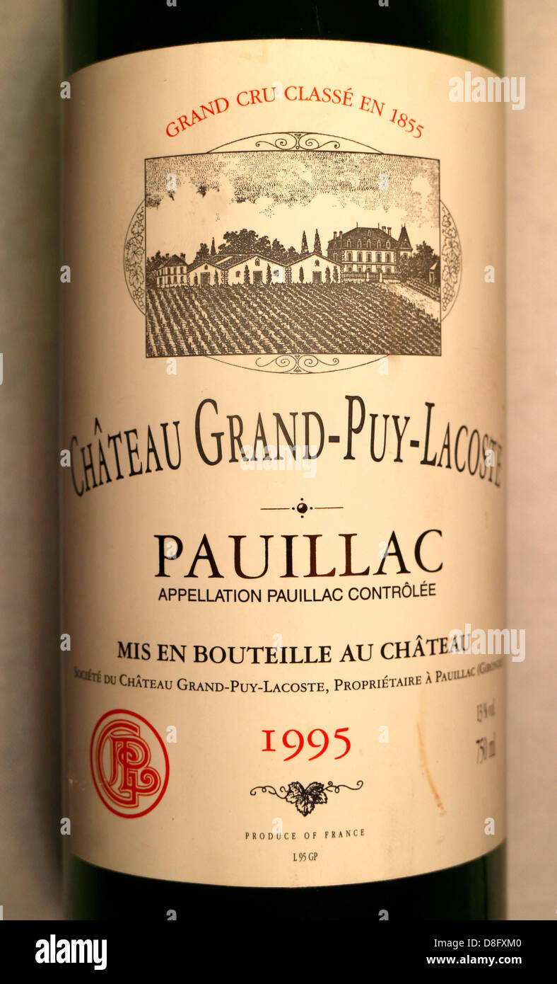 Chateau grand Lacoste 1995 Bordeaux Claret French Wine label on bottle. Wine Bottle Stock Photo - Alamy