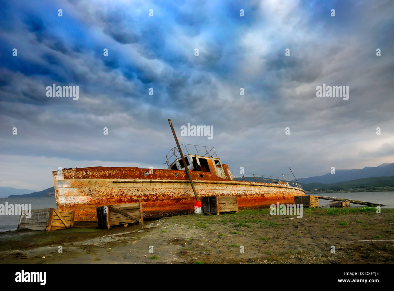 Abandoned boat at Prespa lake, Macedonia Stock Photo