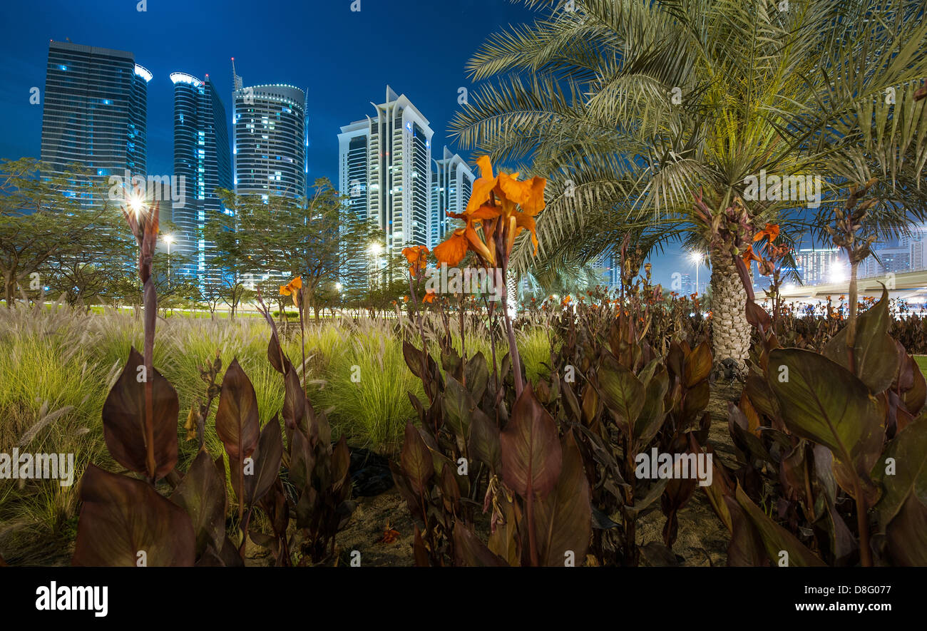 Green area palm trees flowers on a motorway junction on Sheikh Zayed Road skyscrapers Jumeirah Lakes Towers (JLT) night New Stock Photo