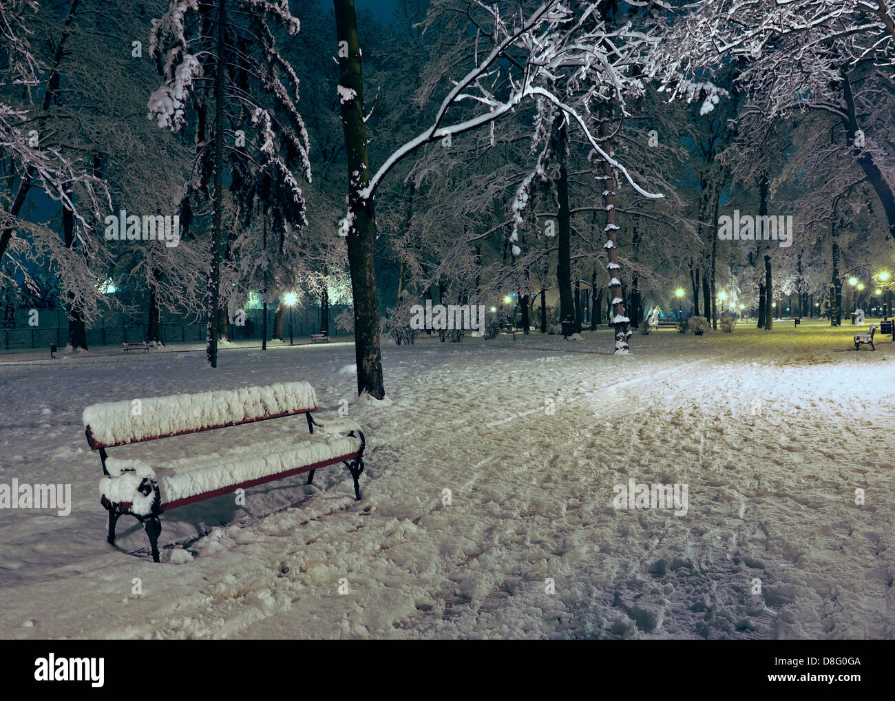 View of bench and shining lantern through snowing. Night shot. Stock Photo